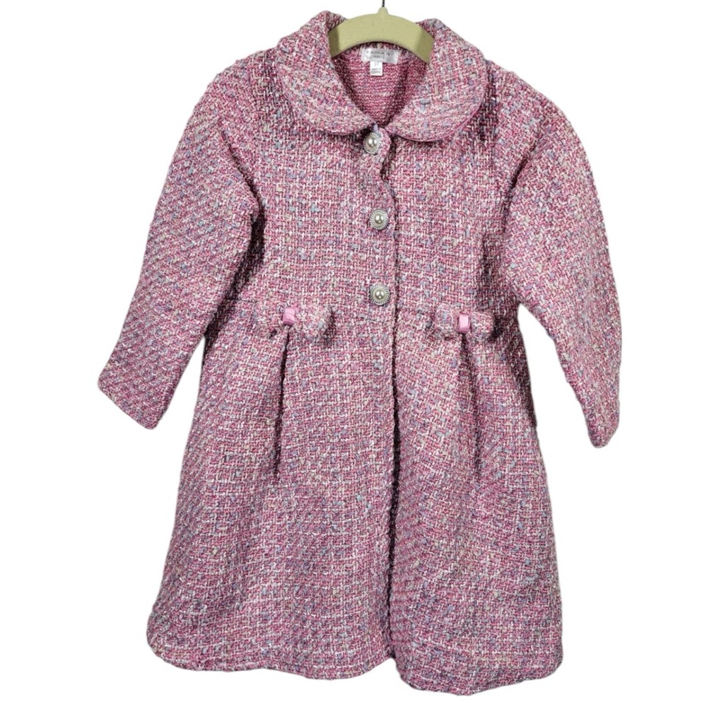 Tahari Girl Special Occasion Pearl Rhinestone Bow Tweed Peacoat in Pink Multi
